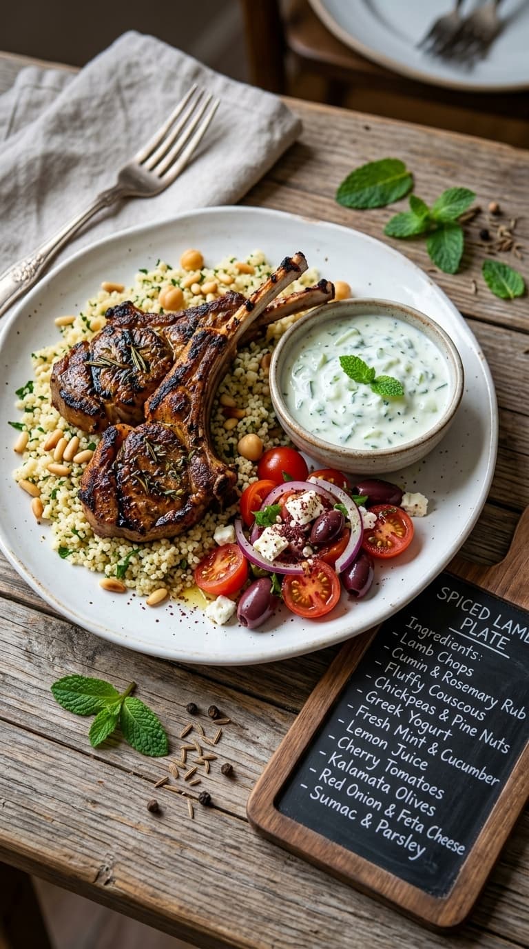 A rustic wooden table setting with a white plate of spiced lamb chops served over cumin couscous, accompanied by a side salad and a small bowl of creamy yogurt sauce.