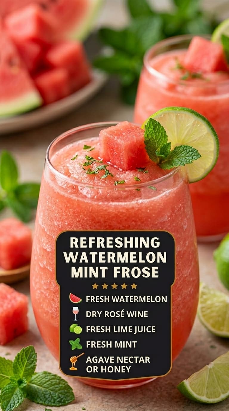 A glass of pink frozen watermelon drink garnished with a lime slice, mint leaves, and a cube of watermelon.