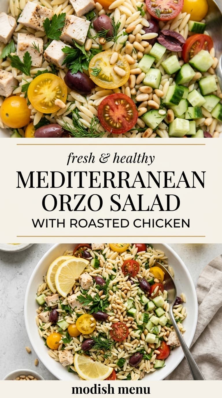A bowl of Mediterranean orzo salad with roasted chicken, tomatoes, cucumbers, olives, and pine nuts.