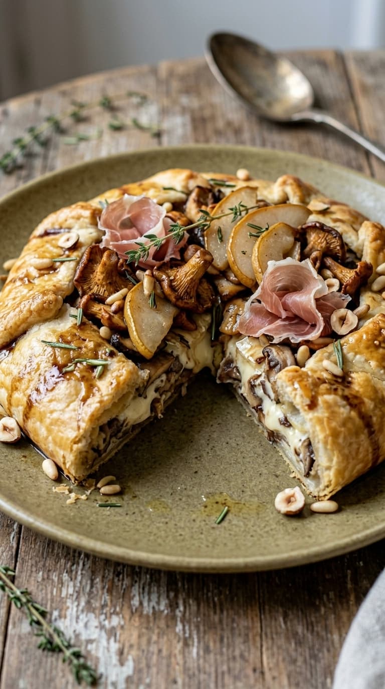 A golden-brown tart with a slice removed, revealing layers of mushrooms, pears, and cheese, garnished with prosciutto, pine nuts, and herbs on a green plate.