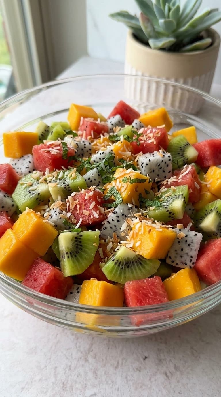 A glass bowl filled with a colorful mix of chopped tropical fruits including watermelon, mango, kiwi, and dragon fruit, garnished with shredded coconut and mint.