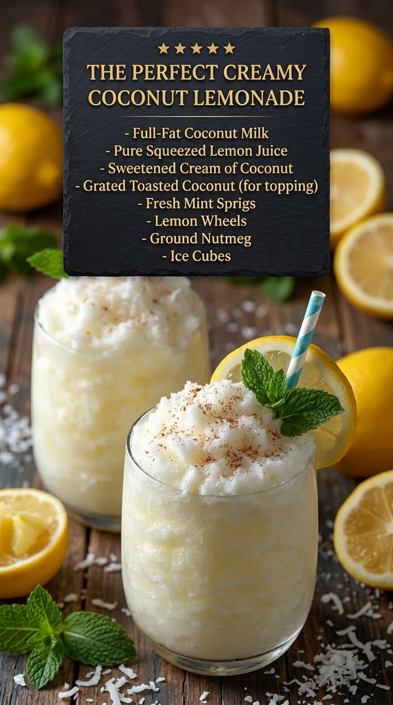 Two glasses of creamy coconut lemonade topped with mint, lemon wheels, and grated coconut on a wooden surface surrounded by lemons and mint.