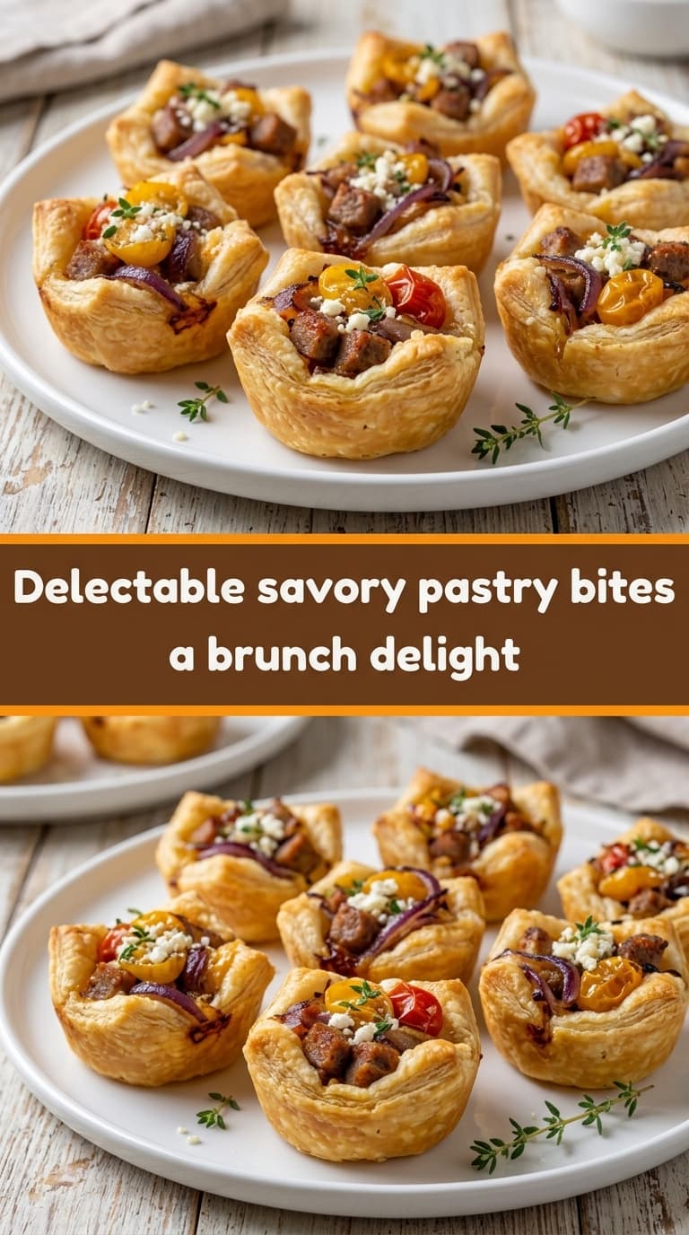 Golden flaky pastry cups filled with savory ingredients like sausage, red onion, cherry tomatoes, and feta cheese, garnished with fresh thyme.