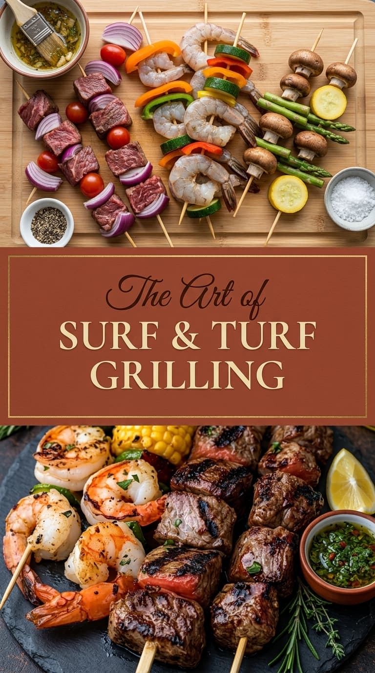 Colorful skewers of grilled shrimp, steak, and vegetables on a wooden board and a dark platter.