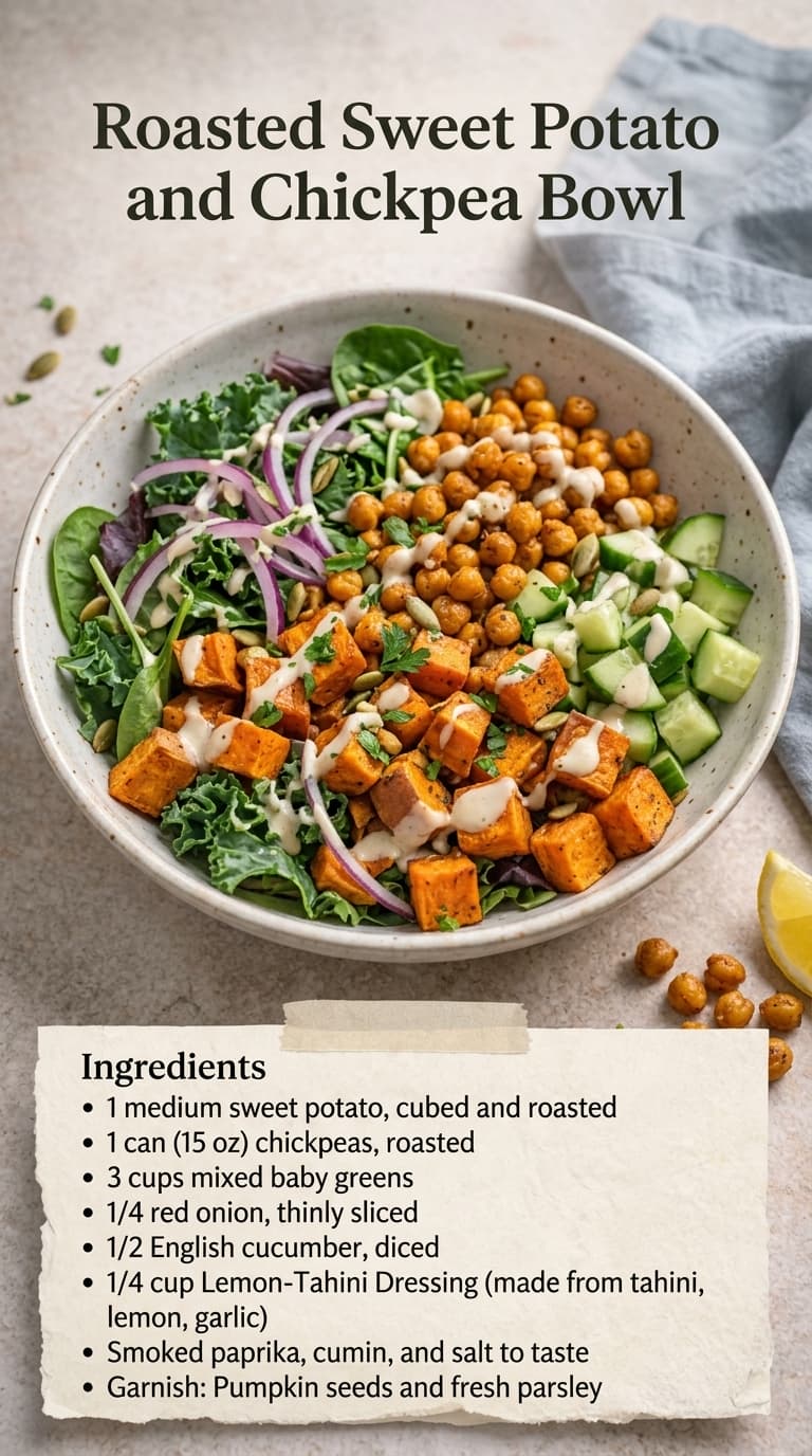 A colorful bowl of roasted sweet potato, chickpeas, and fresh vegetables with greens and dressing.