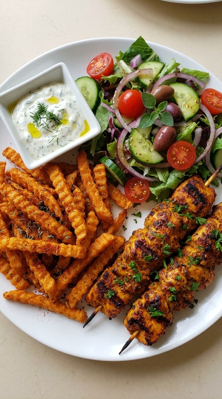 A plate of harissa grilled chicken skewers, sweet potato fries, and a Greek salad with tzatziki sauce.