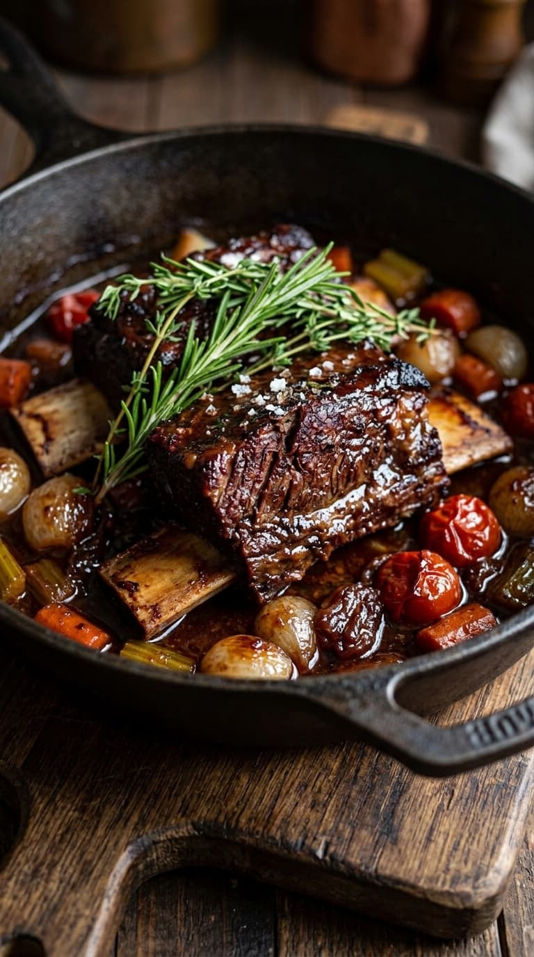 Braised short ribs with vegetables and rosemary in a cast-iron skillet