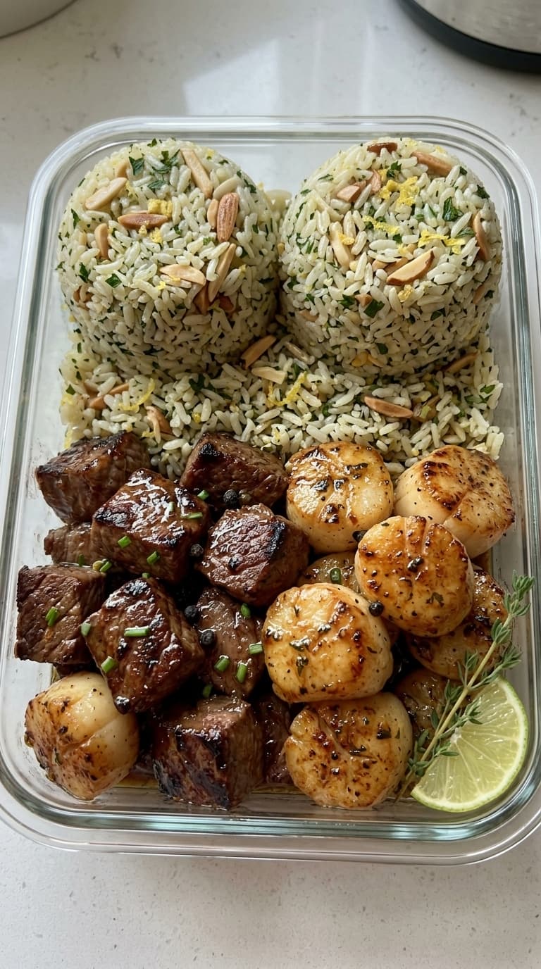 A glass meal prep container with two mounds of herbed rice topped with almonds and lemon zest, alongside grilled steak cubes, seared scallops, a lime wedge, and fresh thyme.