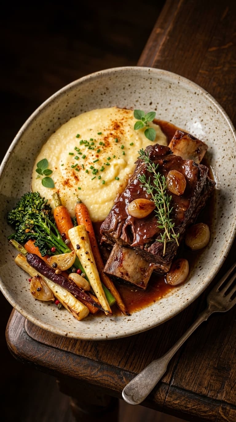 A hearty plate of braised short ribs with mashed potatoes and roasted vegetables, garnished with fresh herbs.