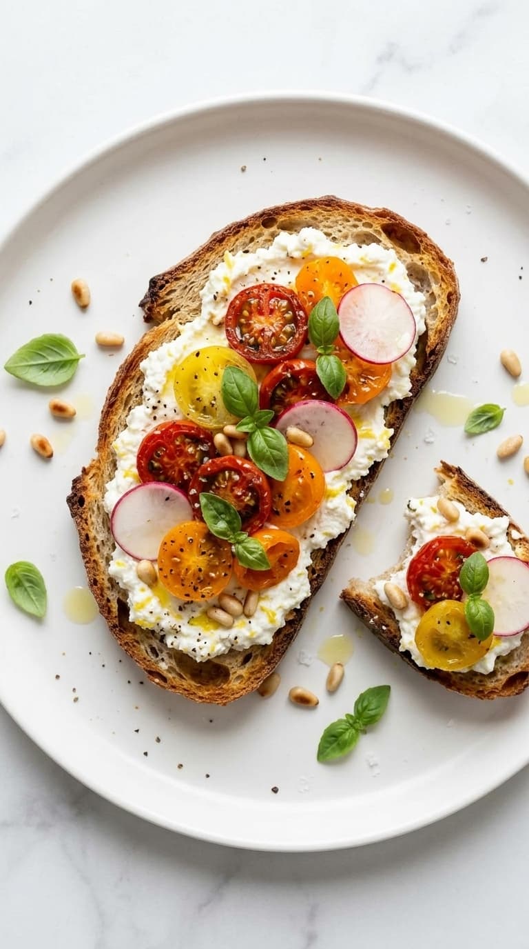 A slice of toasted bread topped with whipped ricotta, sliced cherry tomatoes, radishes, and fresh basil leaves, served on a white plate.