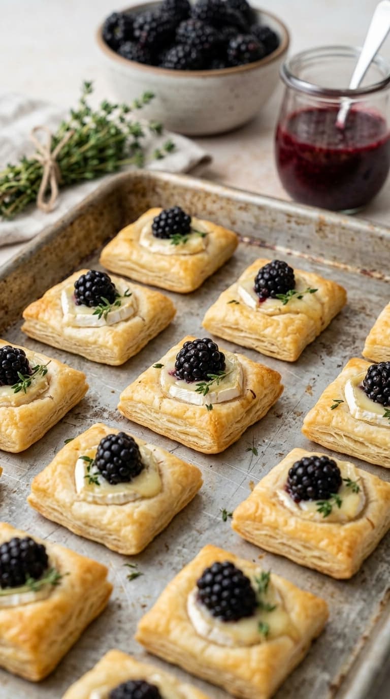 Golden-brown square pastries topped with blackberries and herbs on a baking sheet.