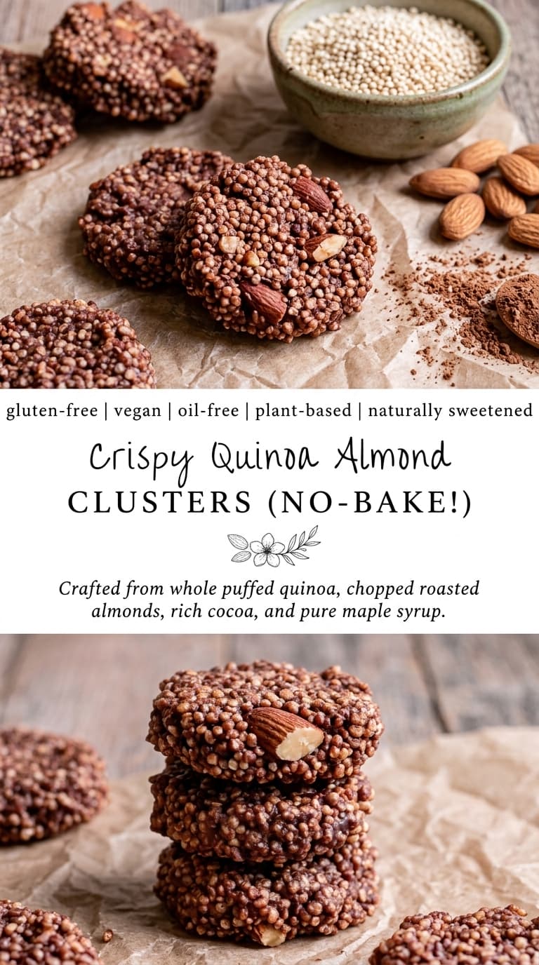 Stacked crispy quinoa almond clusters on parchment paper with a bowl of quinoa and almonds nearby.