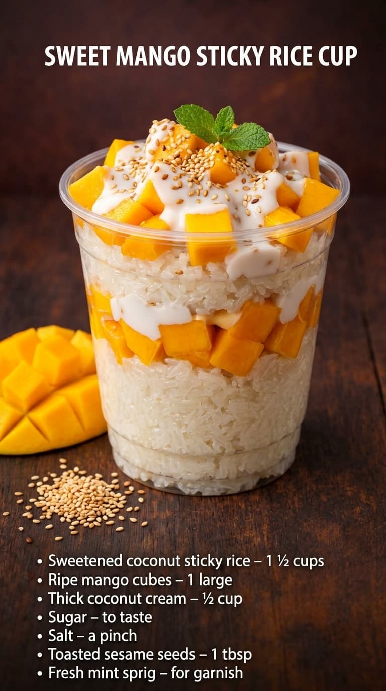 A clear plastic cup filled with layers of sticky rice, mango, and coconut cream, topped with sesame seeds and mint.
