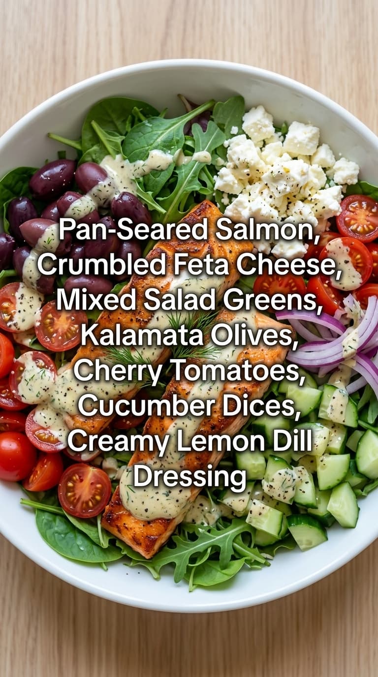 A white bowl filled with a colorful salad containing spinach, arugula, cherry tomatoes, cucumber, red onion, kalamata olives, crumbled feta cheese, and two pieces of pan-seared salmon, all drizzled with creamy lemon dill dressing.