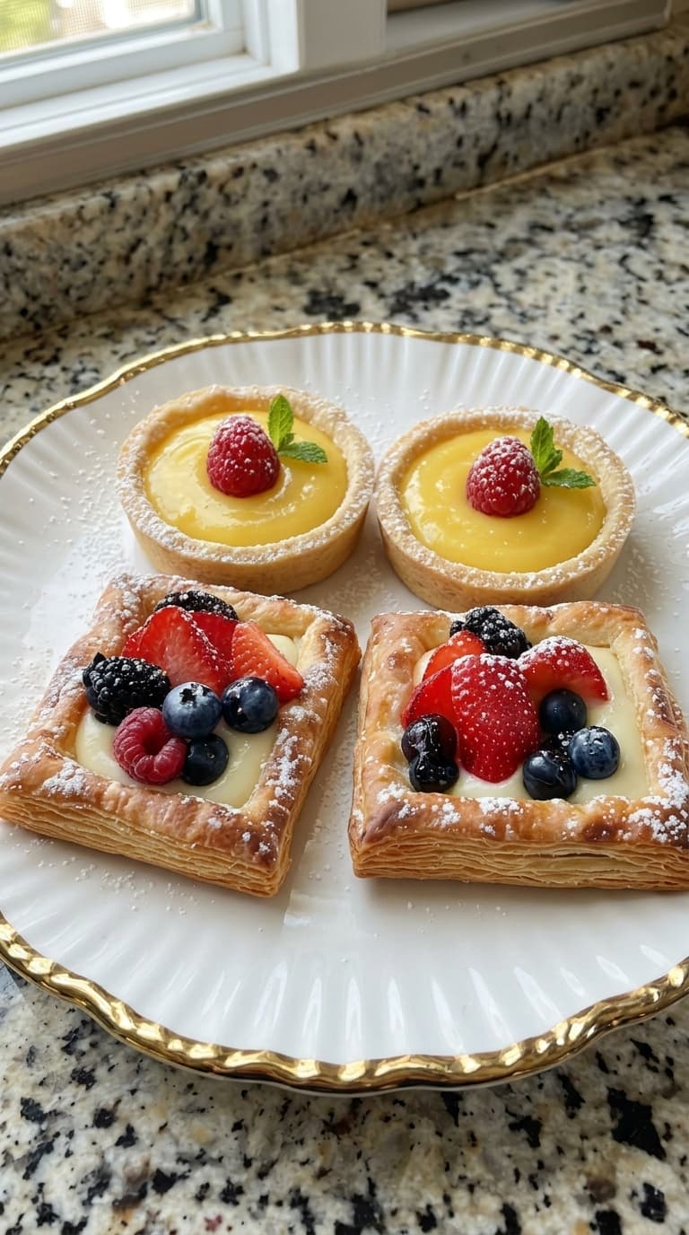 Four fruit tarts on a white plate with gold rim, two round lemon tarts topped with raspberries and mint, and two square tarts topped with mixed berries.