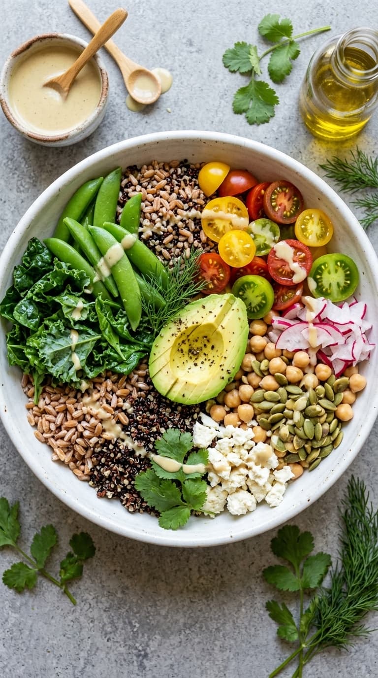 A colorful grain bowl filled with kale, snap peas, quinoa, cherry tomatoes, avocado, chickpeas, pumpkin seeds, and feta cheese, drizzled with dressing.