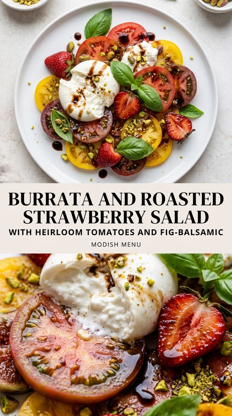 A colorful salad with sliced tomatoes, strawberries, burrata cheese, and fresh basil on a white plate.