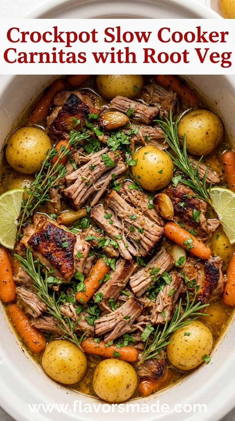 A white crockpot filled with shredded pork, baby potatoes, carrots, and fresh herbs.