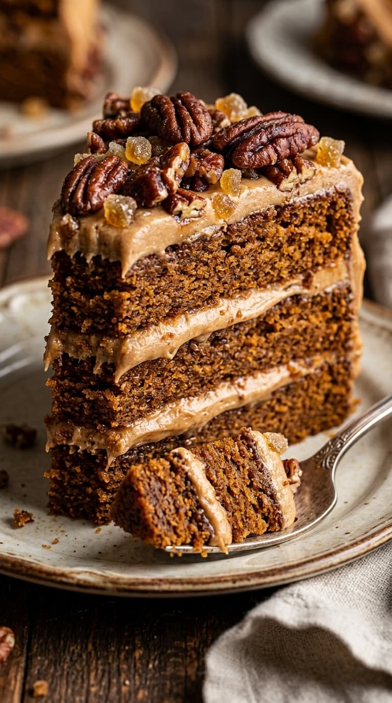A slice of layered pumpkin cake with pecans and frosting on a plate.