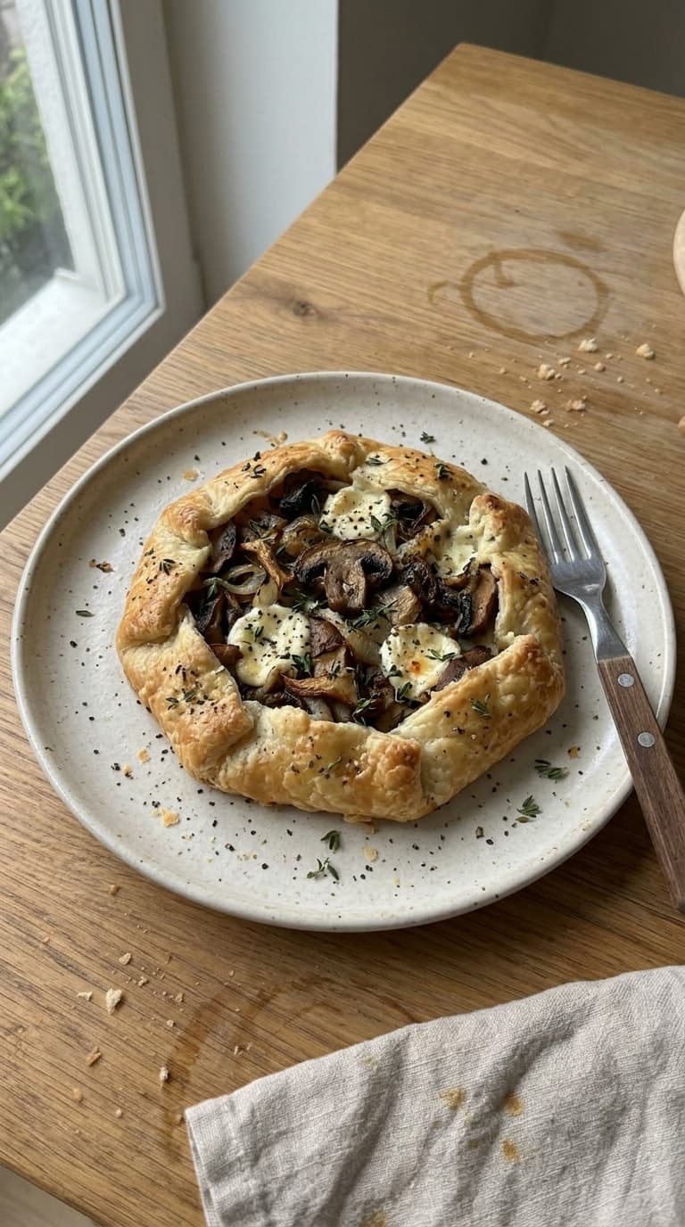 A round, flaky tart with a golden crust, filled with mushrooms, onions, and white cheese, garnished with herbs and black pepper, served on a speckled plate with a fork.