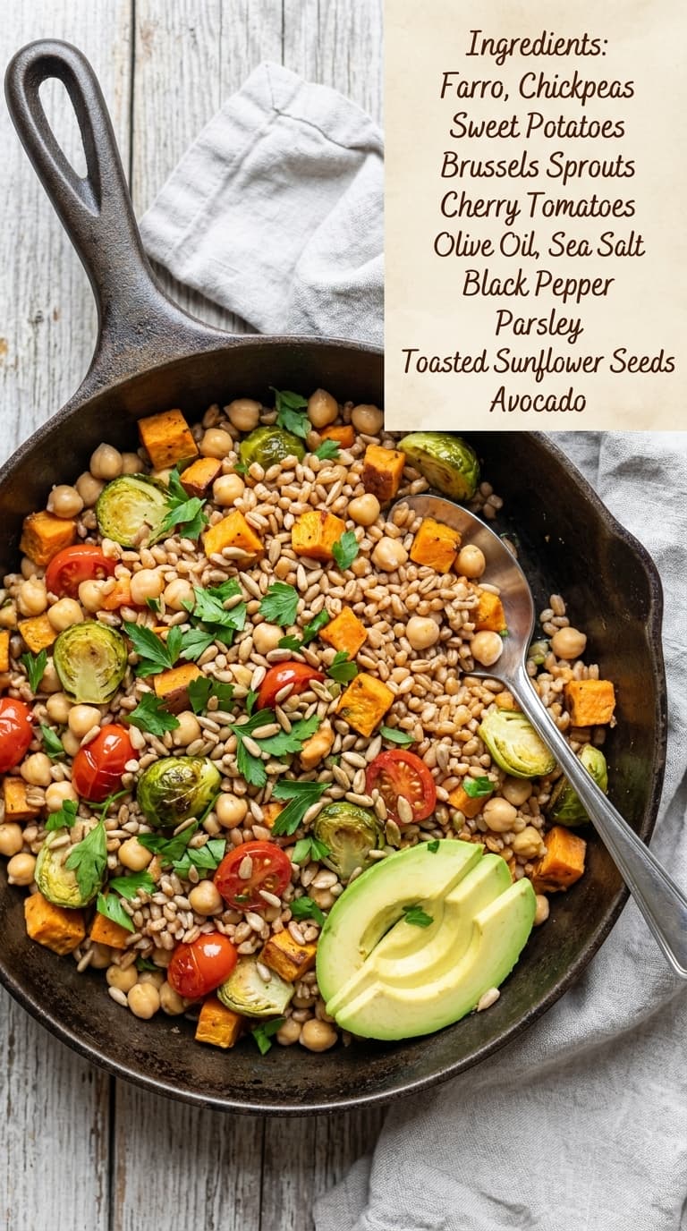A cast iron skillet filled with a vibrant farro salad containing chickpeas, roasted sweet potatoes, Brussels sprouts, cherry tomatoes, and topped with avocado and parsley.