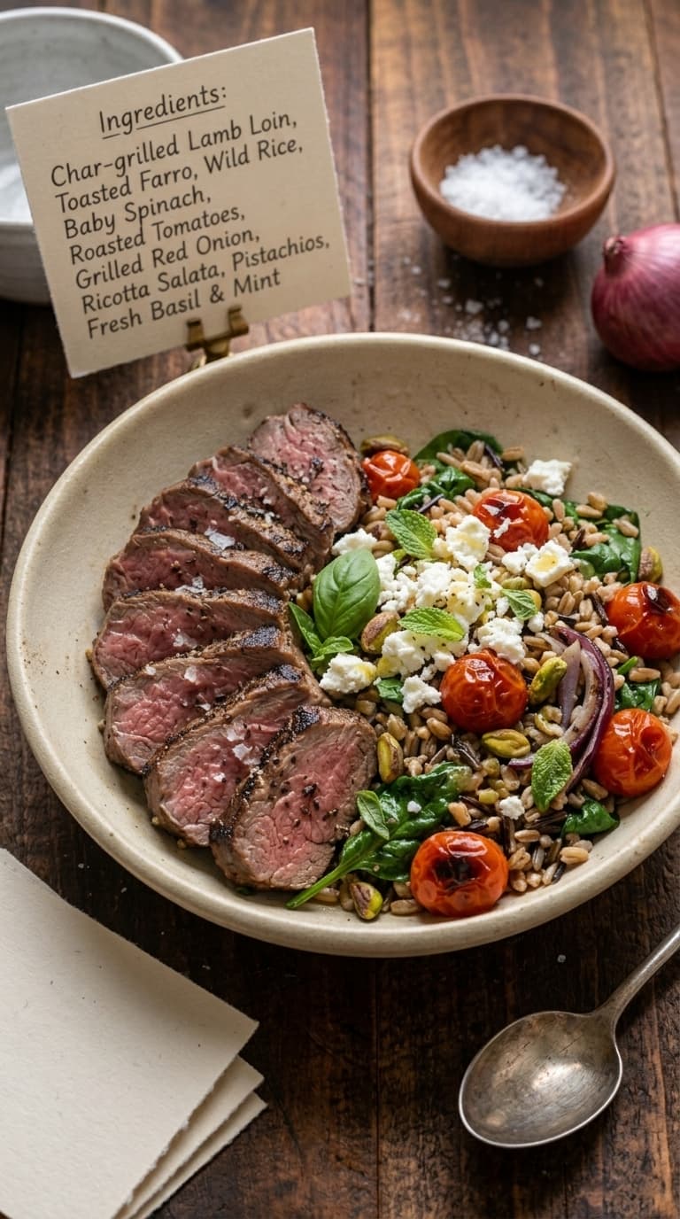 A bowl of char-grilled lamb loin salad with farro, roasted tomatoes, baby spinach, and ricotta salata.