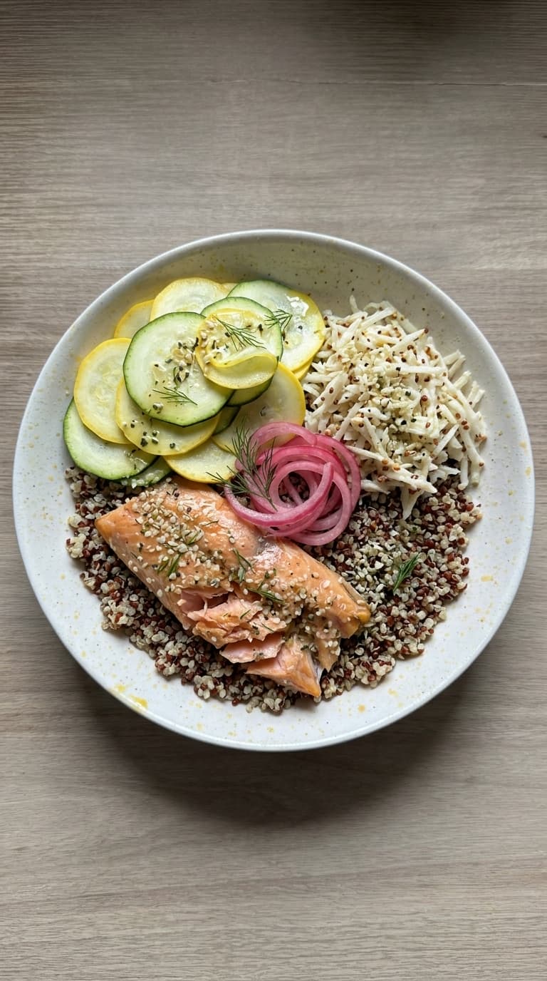 A bowl of grilled salmon, quinoa, zucchini, yellow squash, pickled red onions, and shredded cheese.