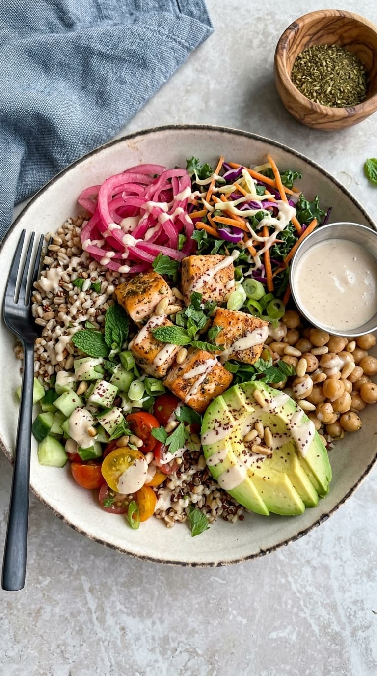 Colorful summer grain salad with vegetables and tofu