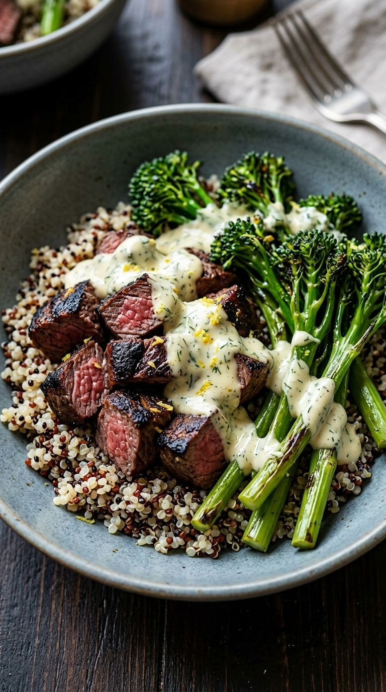 A bowl of steak, broccoli, and quinoa with creamy sauce