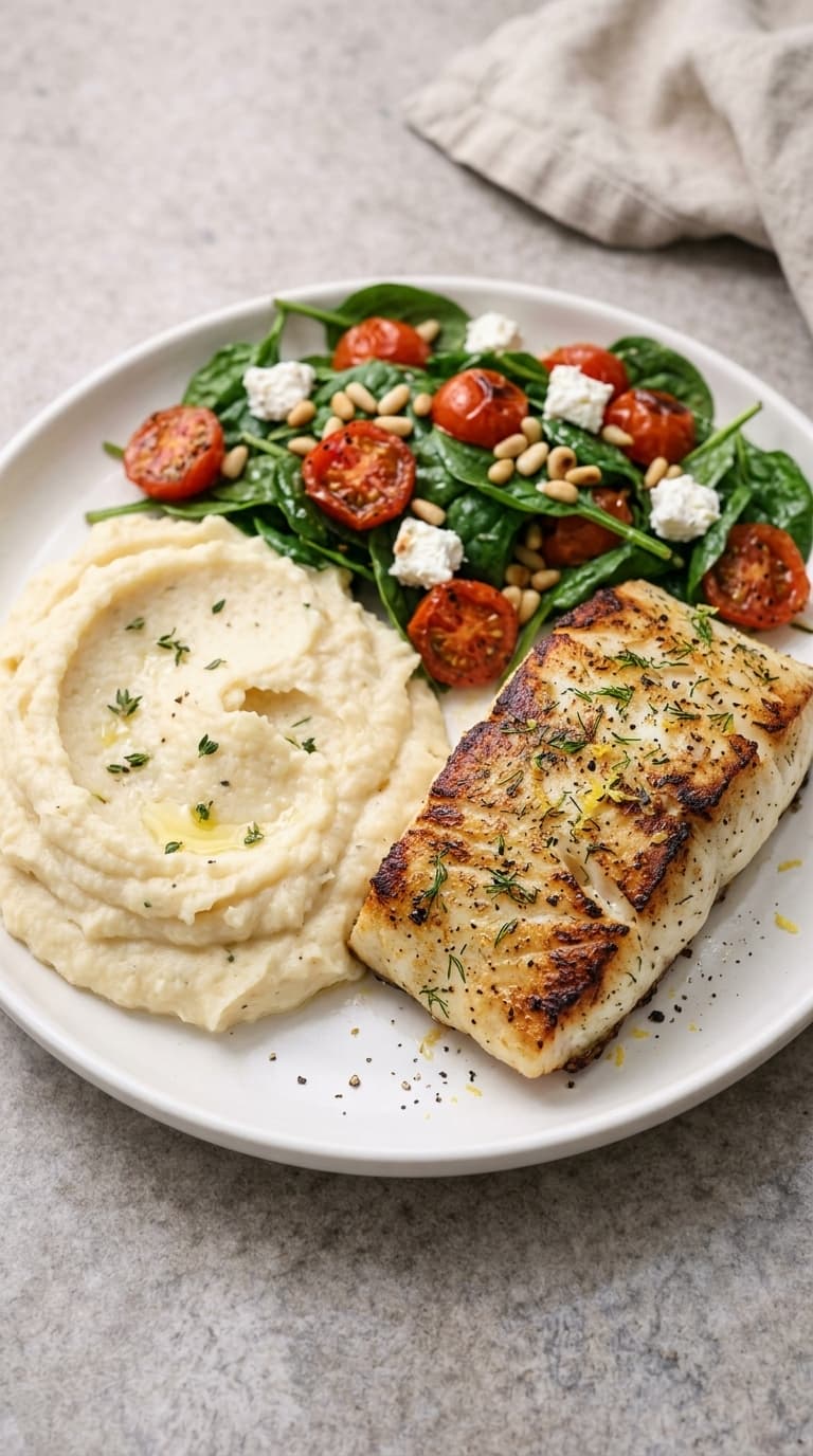 A white plate featuring a golden-brown seared cod fillet, a swirl of smooth cauliflower puree, and a side salad of baby spinach, blistered cherry tomatoes, feta cheese, and pine nuts.
