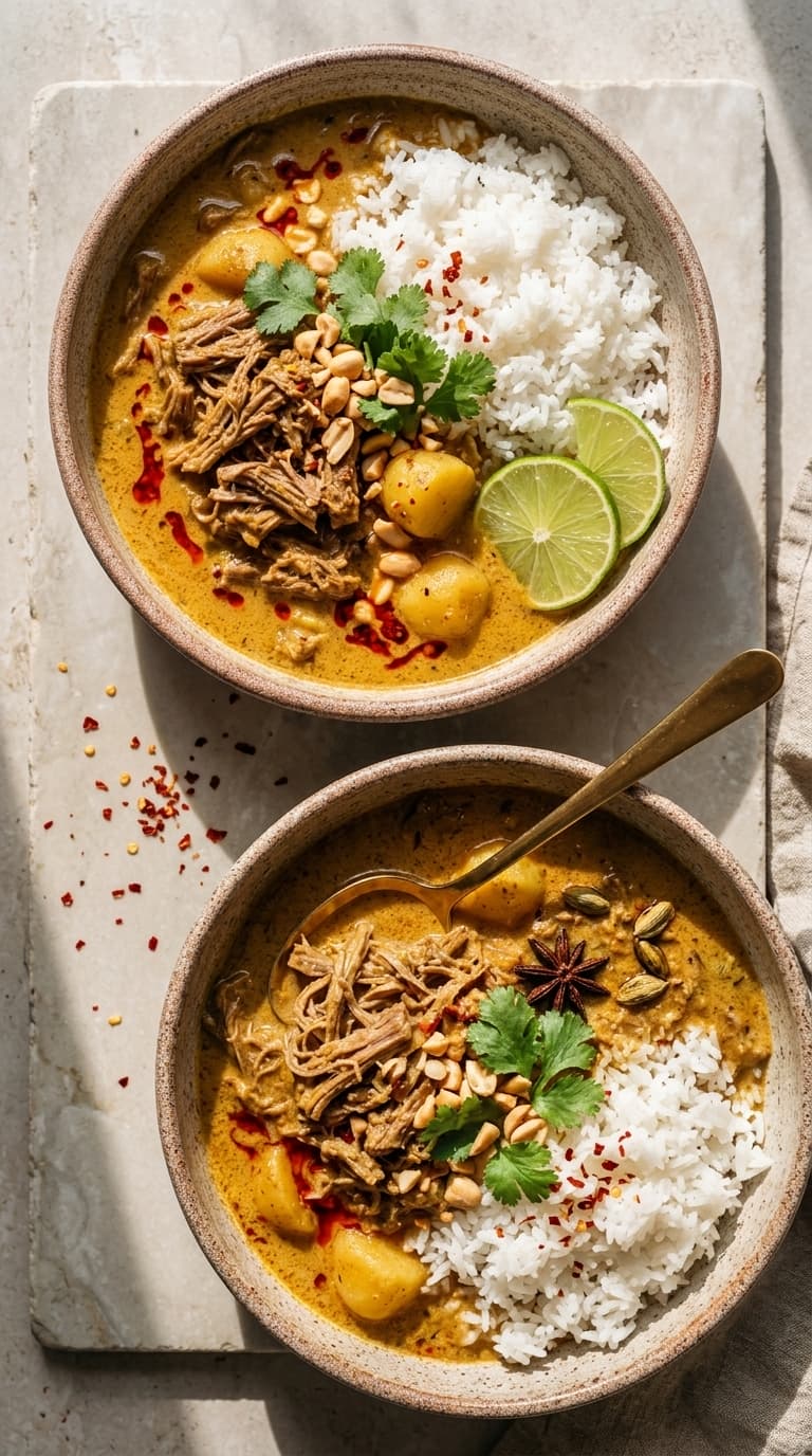 Two bowls of beef massaman curry with shredded beef, potatoes, jasmine rice, peanuts, and lime wedges.