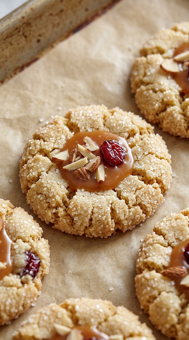 Close-up of golden cookies with caramel centers, almonds, and cranberries on parchment paper.