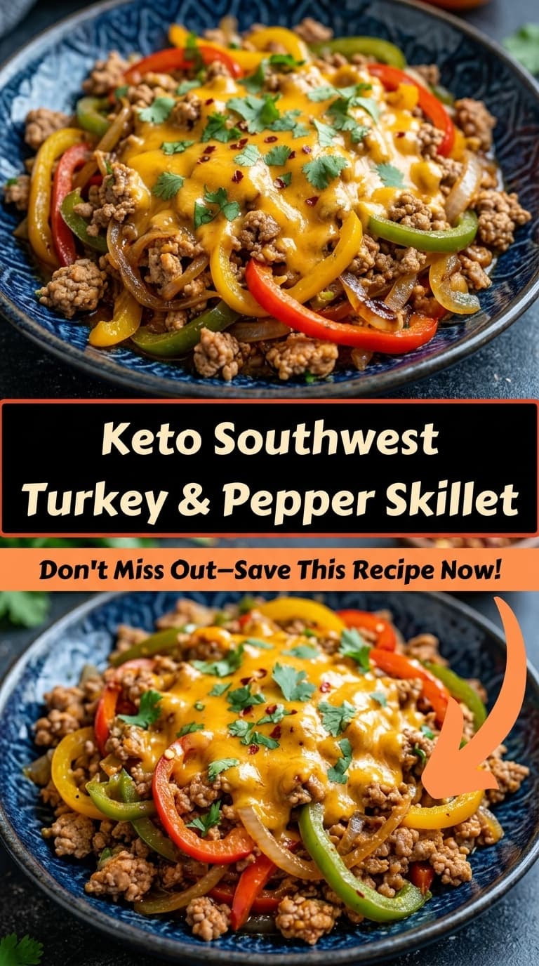 A blue bowl filled with a keto turkey and pepper skillet topped with melted cheese, cilantro, and red pepper flakes.