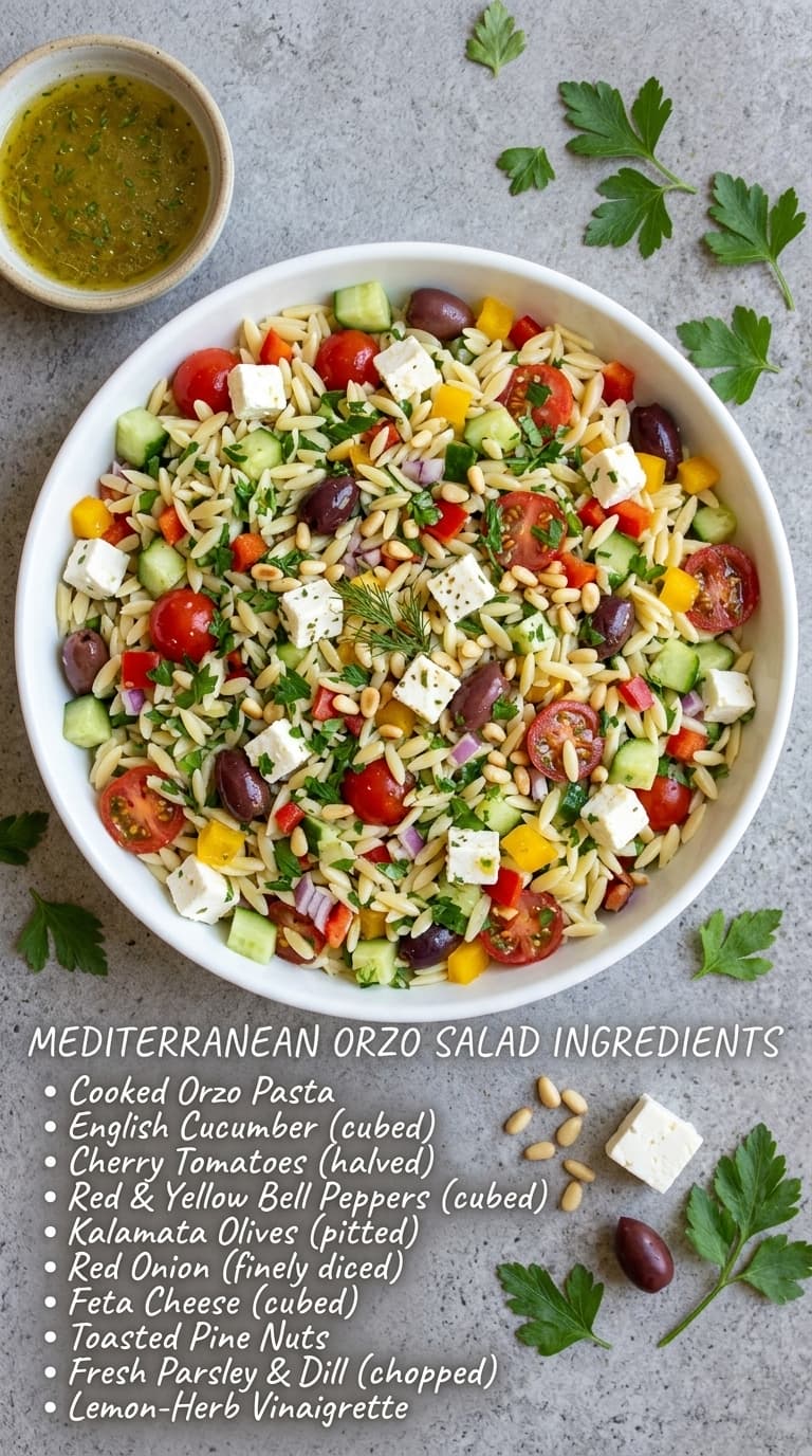 A top-down view of a white bowl filled with Mediterranean Orzo Salad, featuring cooked orzo pasta, diced cucumbers, halved cherry tomatoes, cubed red and yellow bell peppers, pitted Kalamata olives, cubed feta cheese, toasted pine nuts, chopped fresh parsley and dill, and a lemon-herb vinaigrette, with a small bowl of dressing and fresh herbs on the side.