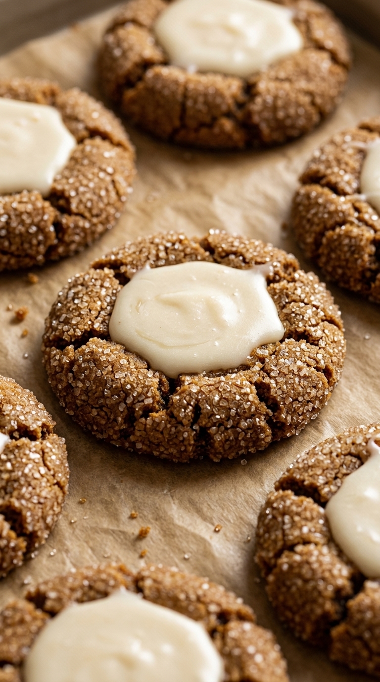 Close-up of ginger snap cookies with cream cheese filling on parchment paper.