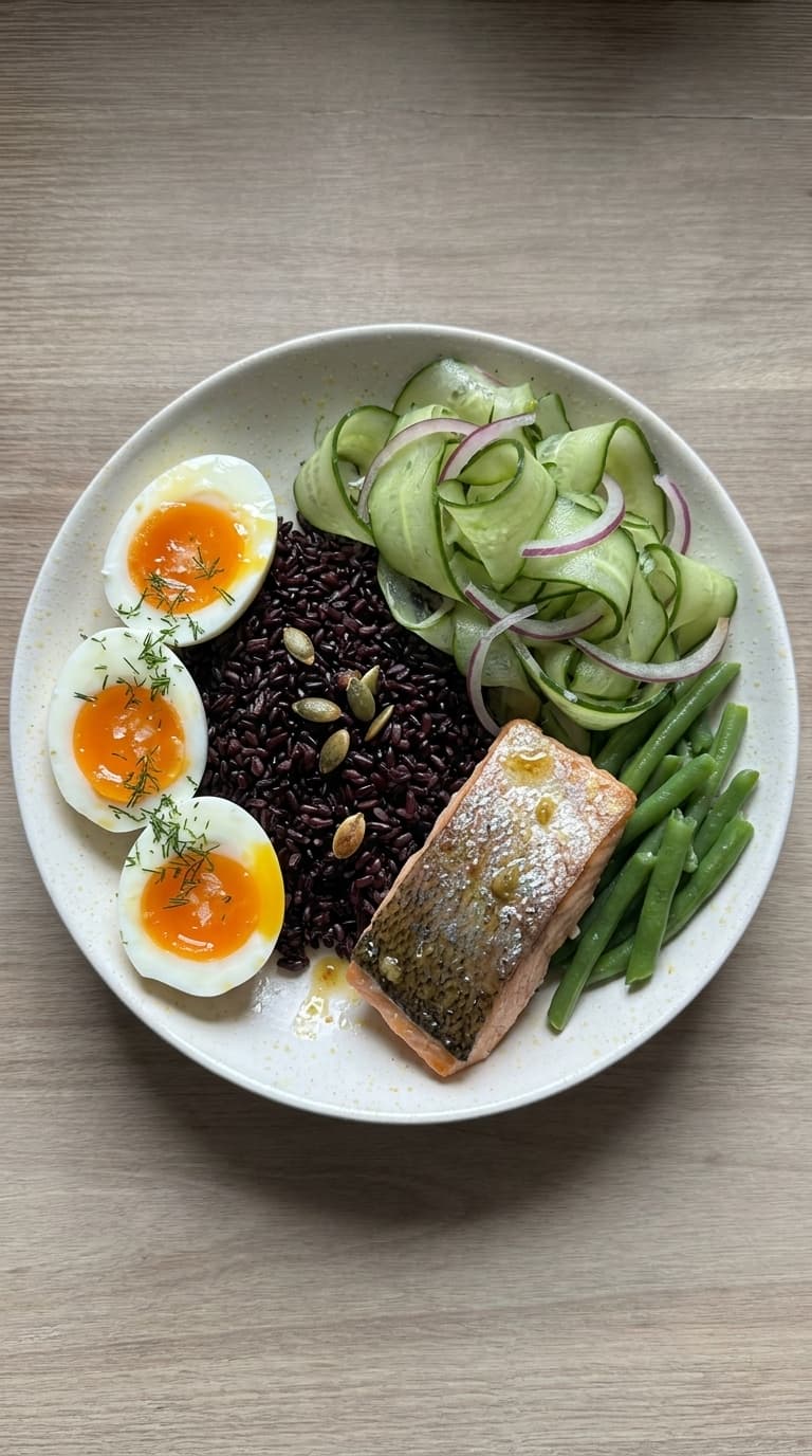 A plate of black rice, salmon, eggs, green beans, and cucumber salad.