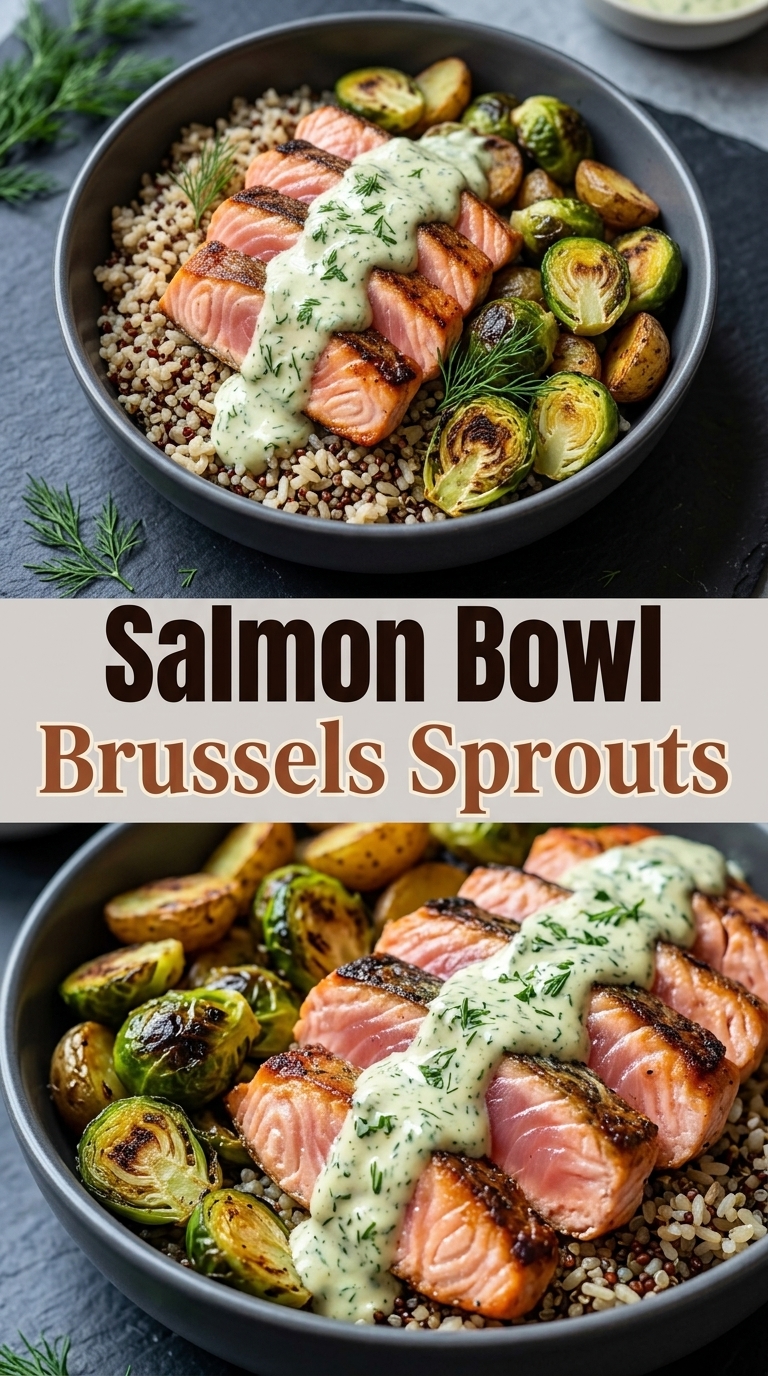A vibrant salmon bowl with roasted Brussels sprouts and a creamy dressing
