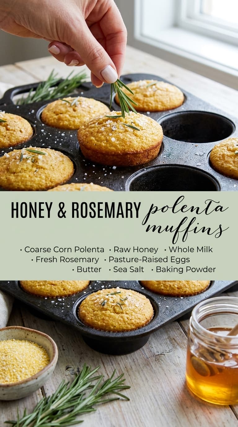 Golden yellow polenta muffins in a cast iron skillet, garnished with fresh rosemary sprigs and coarse sea salt, with ingredients like honey and cornmeal visible nearby.