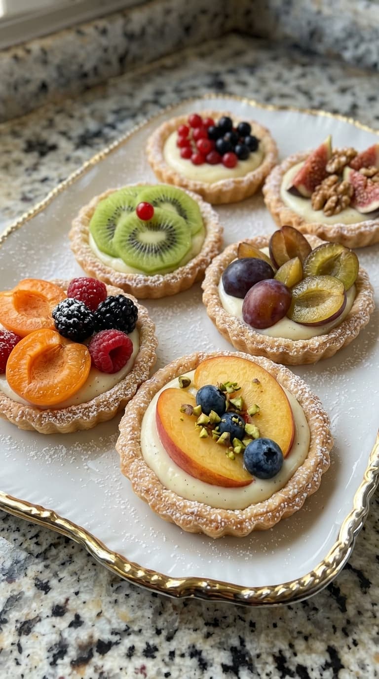 Six mini fruit tarts with cream filling and various fresh fruits arranged on a white plate with a gold rim.
