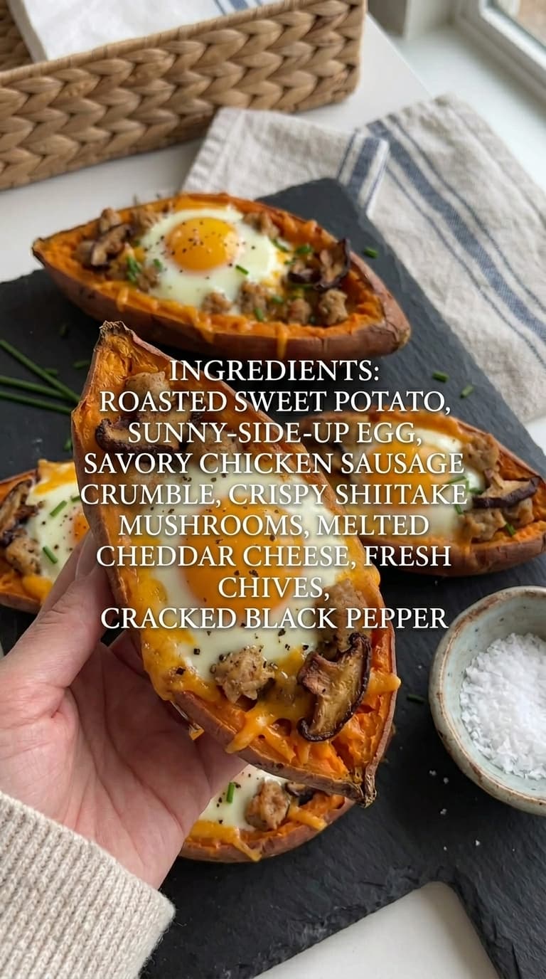 Hand holding a roasted sweet potato half filled with a sunny-side-up egg, melted cheese, sausage crumble, and mushrooms, served on a dark slate platter.