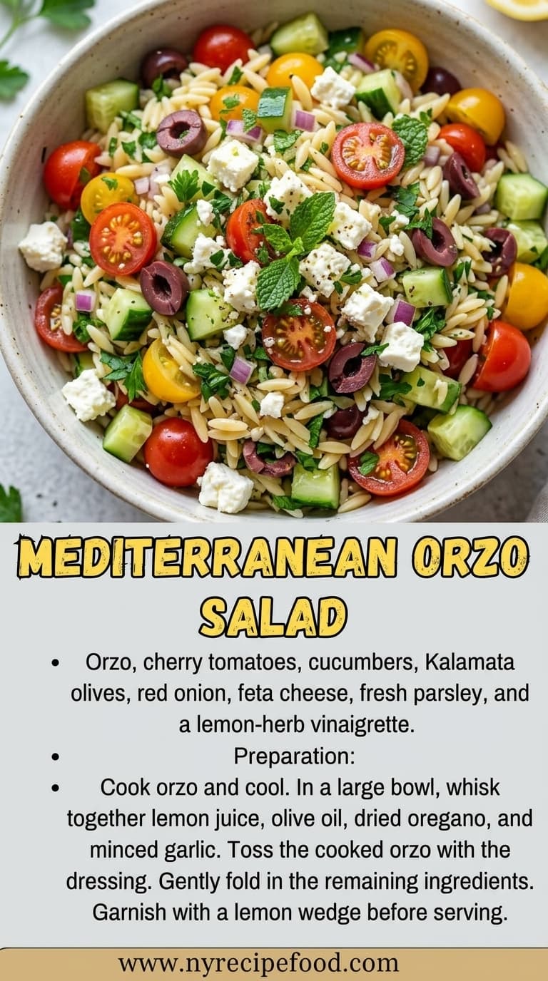 A bowl of Mediterranean orzo salad with orzo, cherry tomatoes, cucumbers, Kalamata olives, feta cheese, red onion, fresh parsley, and a lemon-herb vinaigrette.