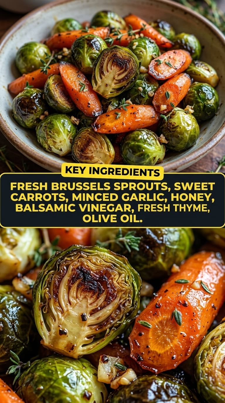 A bowl of roasted Brussels sprouts and carrots with fresh thyme and garlic.