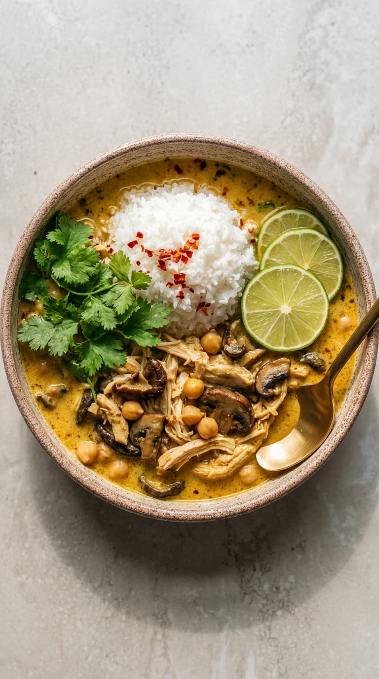 A top-down view of a bowl of chicken coconut curry with rice, chickpeas, cilantro, and lime slices.