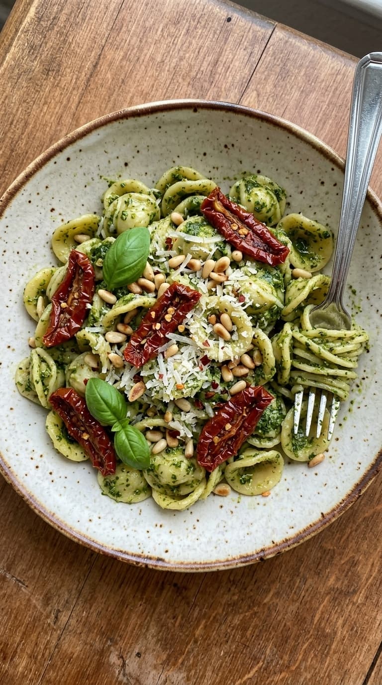 A bowl of pesto pasta topped with sun-dried tomatoes, pine nuts, and fresh basil leaves.