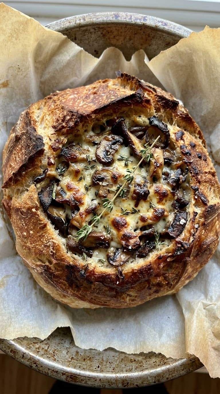 A round loaf of bread with a hollowed center filled with mushrooms and cheese, garnished with thyme.