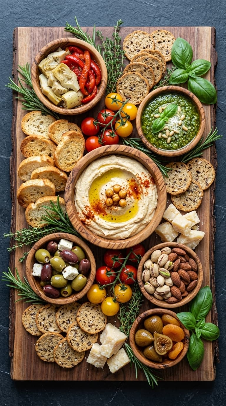 A wooden charcuterie board with hummus, pesto, olives, cheese, nuts, crackers, and fresh vegetables.