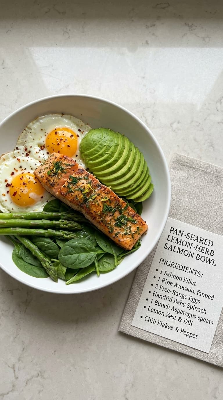 A white bowl filled with a pan-seared salmon fillet, two sunny-side-up eggs, sliced avocado, asparagus spears, and spinach leaves, with a recipe card listing ingredients like salmon, avocado, eggs, and asparagus.