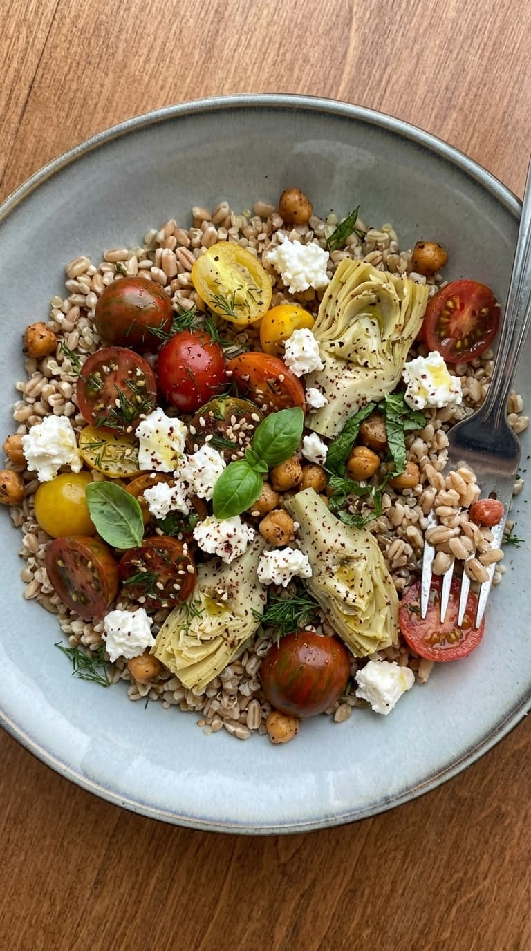 A bowl of farro salad with artichokes, tomatoes, chickpeas, feta, and basil on a wooden table.