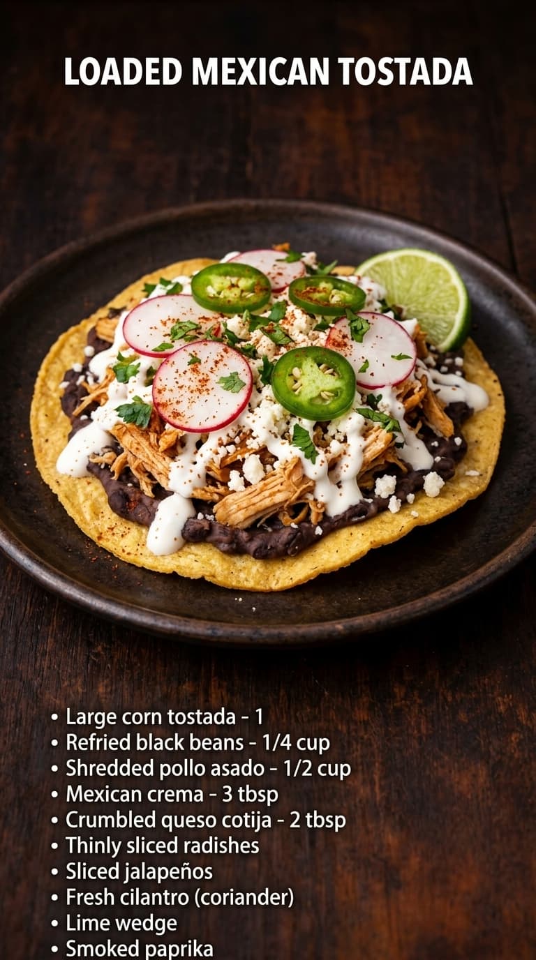 A close-up of a loaded Mexican tostada on a dark plate, topped with black beans, shredded chicken, white crema, radish slices, jalapeño rings, cilantro, and a lime wedge.