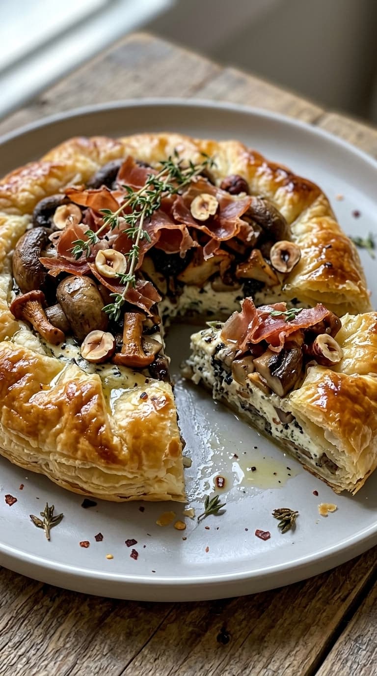 A golden-brown tart with a slice removed, revealing layers of mushrooms, prosciutto, and goat cheese, served on a white plate with fresh herbs.